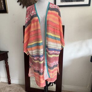 MISLOOK Boho Open Front Kimono Duster Cardigan Multicolor Crochet Mesh Cover Up